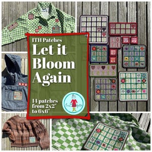 May include: A collection of embroidered fabric patches featuring various floral designs and text including "Let it Bloom Again," "Hand Made," and "Pre Loved." The patches are displayed on clothing items, with sizes ranging from 2x2 inches to 6x6 inches.