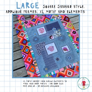 May include: A large embroidery design featuring a blue denim background with colorful geometric shapes and a variety of embroidered figures. The design is framed with a colorful border of pink, red, orange, and yellow squares. The text "XL MOTIF (8X11") AND SINGLE ELEMENTS TO MAKE YOUR OWN MOTIFS - FOR HOOP SIZE 4X4 AND UP - 13 DESIGNS INCLUDED." is printed below the design.