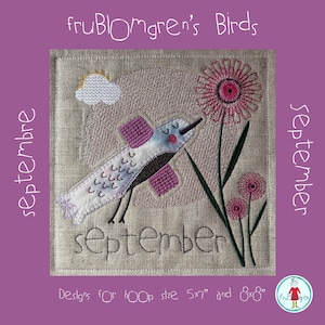 May include: A square linen fabric panel featuring an embroidered design of a bird flying toward a pink flower. The text reads fruBLOMgren's Birds, septembre, september, and Designs for hoOp size 5x7" and 8x8". A small circular logo is in the corner.