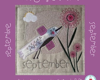 September Appliqué Bird Machine Embroidery Quilt Block | Monthly Bird Design | QAYG, ITH Ornament, 5x7 and 8x8 Hoop