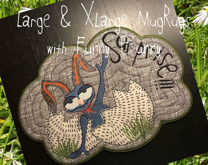 2 Large AND XL MugRug Designs with Mr. Funny Bunny, Machine embroidery design ITH, Instant Download