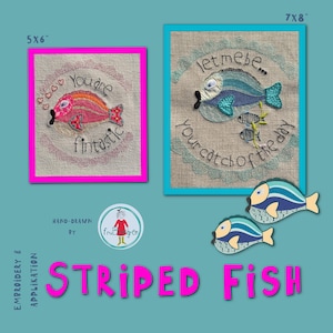 Könnte beinhalten: Zwei Stickmuster für einen gestreiften Fisch. Das erste Muster ist 5x6 Zoll groß und sagt "You are fintastic". Das zweite Muster ist 7x8 Zoll groß und sagt "Let me be your catch of the day".