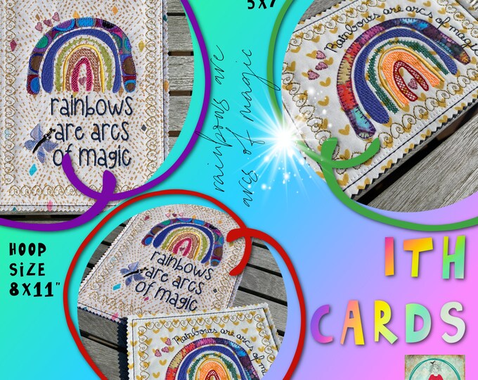 ITH Card with Rainbows - 2 variants in each their size: one for hoop size 5x7" and one for hoop size 8x11" - mix of embroidery and appliqué