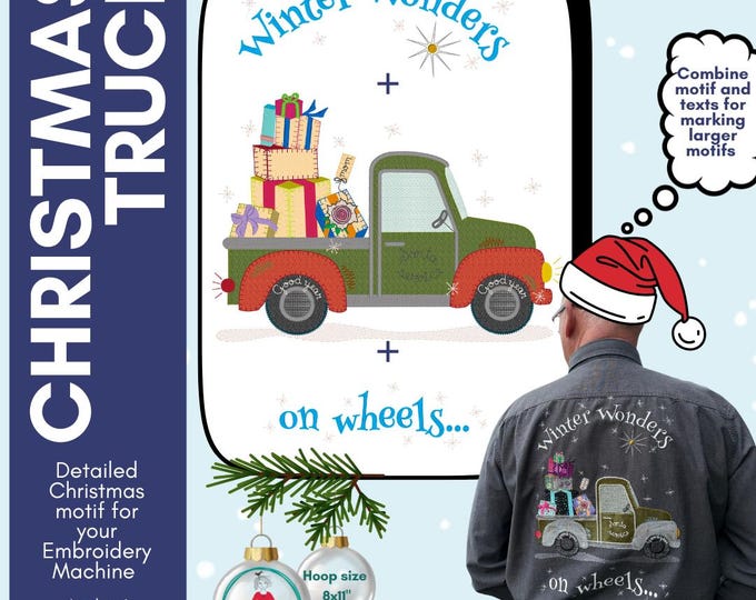 Winter Wonders Christmas Truck | 8x11 Appliqué Embroidery Design | Hand drawn, detailed Signature design