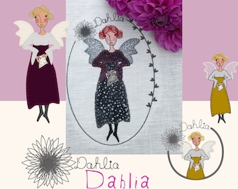 LITTLE ANGEL DAHLIA, Beautiful angel machine embroidery designs inspired by the flowers in my garden, 4 angel designs and a text design