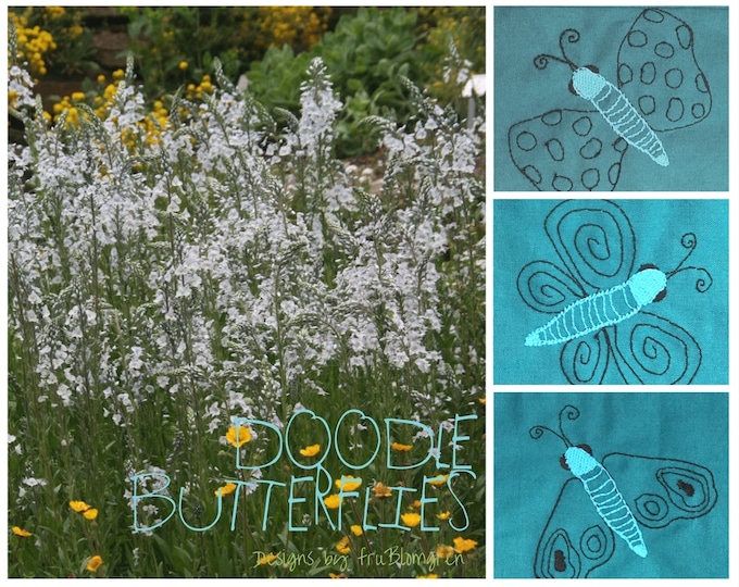 Whimsical DOODLEFLIES, Three fragile doodle butterfly machine embroidery designs for your summer textile projects, for the 4 x 4 hoop