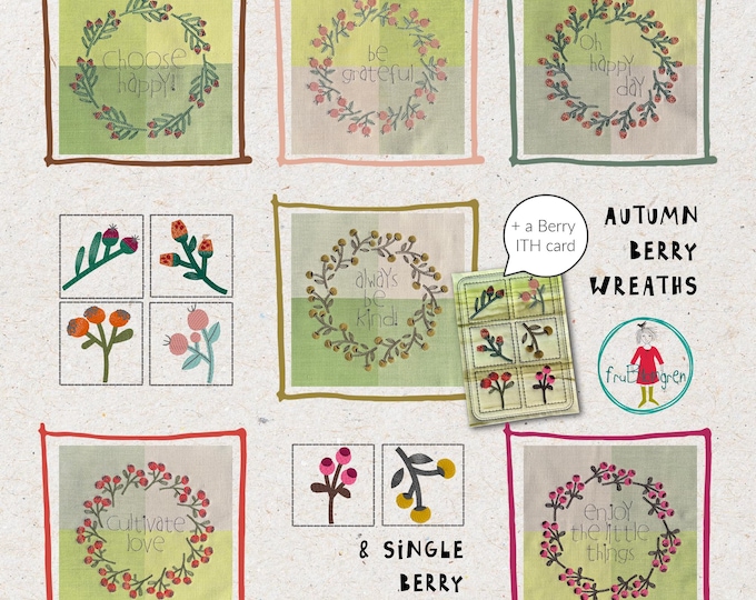 Autumn Machine Embroidery Designs - hand drawn Berry Branches 2x2" and Berry Wreaths, cute ITH Card - Seasonal Decor by fruBlomgren