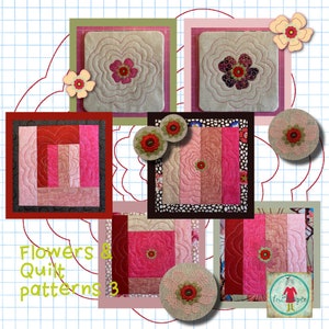 Flowers and Quilt Patterns 3 of 6 - Hand drawn Quilt patterns with and without flowers for hoop size 8x8 and hand drawn embroidery flowers
