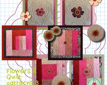 Flowers and Quilt Patterns 3 of 6 - Hand drawn Quilt patterns with and without flowers for hoop size 8x8 and hand drawn embroidery flowers