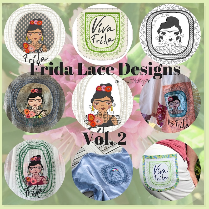Puede incluir: Un collage de im&aacute;genes que muestran dise&ntilde;os de bordado con Frida Kahlo. Los dise&ntilde;os incluyen un retrato de Frida Kahlo, el texto "Viva Frida" y las palabras "Frida Lace Designs Vol. 2 by fruBlomgren".