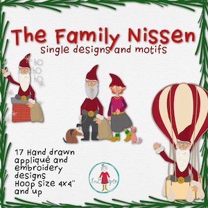 Może przedstawiać: Cyfrowy projekt z tekstem "The Family Nissen" i ilustracjami postaci Świętego Mikołaja oraz balonem na ogrzane powietrze. Projekt zawiera tekst "single designs and motifs" oraz "17 ręcznie rysowanych aplikacji i haftów. Rozmiar tamborka 10 x 10 cm i więcej."