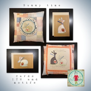 May include: Four handmade pillow covers with embroidered bunnies and the text "You are my favorite" and "You are... my favorite". The pillow covers are on a black background. The image also includes a card with an embroidered bunny and the text "You are my favorite".