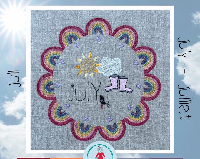 July Wreath - A Rainbow of Colours - the 7th in the series - Hand drawn Designs hoop size 8x8" hoop - 3 languages + BONUS wreaths hoop 5x5"