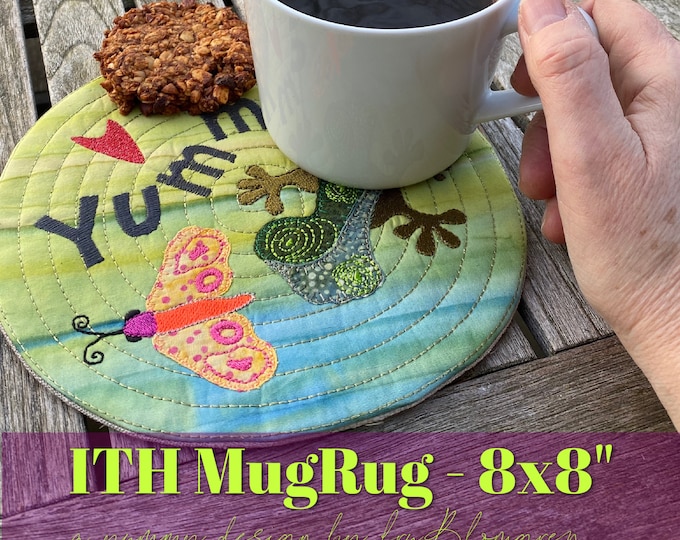 ITH MugRug Machine Embroidery with Gecko motif, for hoop size 8x8" - 20x20 cm, great and easy made gift idea for coffee and tea drinkers