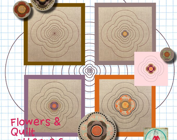 Flowers and Quilt Patterns 6 of 6 - Hand drawn Quilt patterns with and without flowers for hoop size 8x8 and hand drawn embroidery flowers