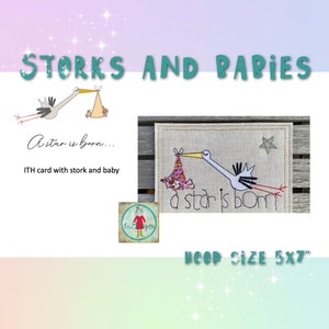 Tarjeta ITH con mi cigüeña y bebés: diseños de tarjetas de 5x7" dibujados a mano y para regalos de recién nacidos o diseños individuales para regalos de baby shower