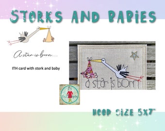 ITH card with my Stork and Babies - hand drawn 5x7" Card designs and for new born gifts or the single designs on baby shower gifts
