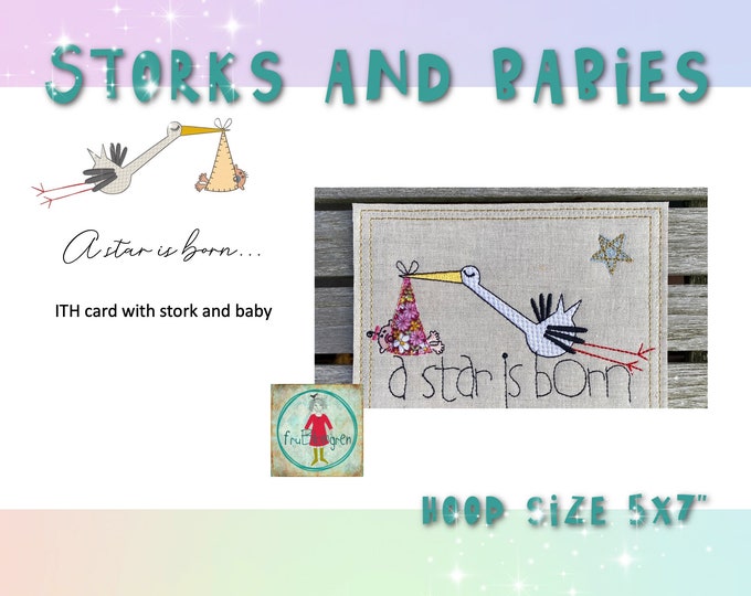 ITH card with my Stork and Babies - hand drawn 5x7" Card designs and for new born gifts or the single designs on baby shower gifts