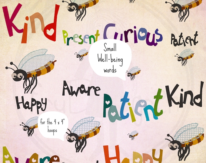 14 Small Well-being designs, 6 feel-good BUZZ WORDS  + 2 CUTE Bees for making Colourful Textile Quotes - each word in two styles