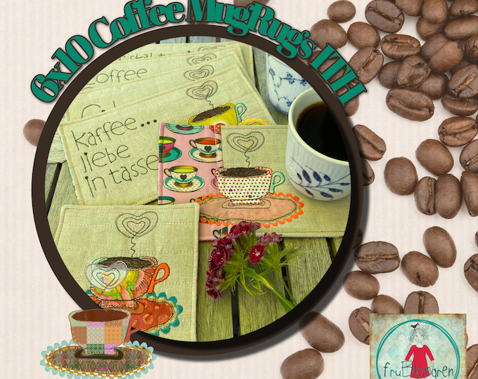 6x10" ITH Coasters and MugRugs - Machine Embroidery - with Sketchy, hand drawn appliqué cup - motifs, blanks and the sketchy cup