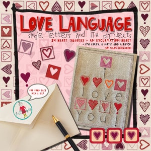 LoveLanguage - 2x2,5cm große Quadrate mit Herzen als Buchstaben + Motiv, ITH Karten und ein Aufnäher für die Herzen - sticken Sie Ihre eigenen Liebesbotschaften