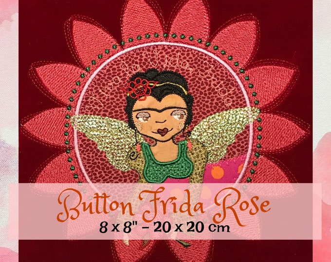 Round Framed FRIDA ROSE - Button Frame Frida Rose - 8 x 8" very detailed appliqué design for multiple textile projects, 2 designs incl