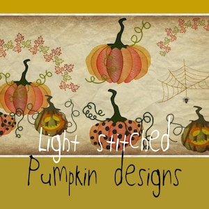 Light stitched Pumpkin designs, 6 versatile and cute Autumn/Fall machine embroidery designs with Pumpkins, leaves and a spiderweb