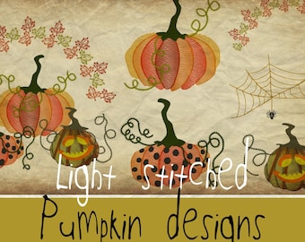 Light stitched Pumpkin designs, 6 versatile and cute Autumn/Fall machine embroidery designs with Pumpkins, leaves and a spiderweb