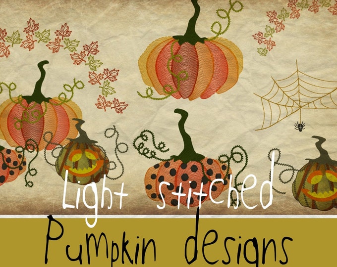 Light stitched Pumpkin designs, 6 versatile and cute Autumn/Fall machine embroidery designs with Pumpkins, leaves and a spiderweb