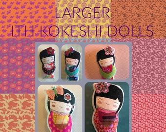 KOKESHI Fabric DOLLS, ITH, Japanese inspired Appliqué Dolls, Kokeshi, 4 sizes in 2 variants, 8 designs, flower or butterfly, 14 to 27 cm