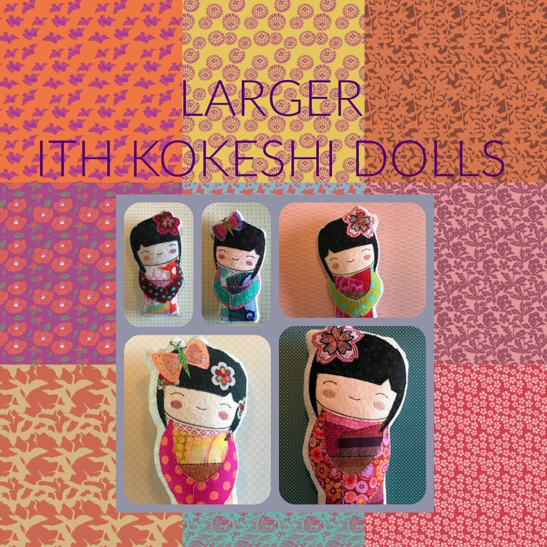 14 to 27 cm Kokeshi 4 sizes in 2 variants flower or butterfly KOKESHI Fabric DOLLS 8 designs Japanese inspired Appliqu\u00e9 Dolls ITH