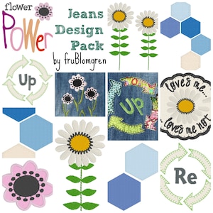 JEANS UPCYCLING DESIGN pack with 15 small and medium Machine Embroidery Designs for Upcycling and Embellishment of your favourite old jeans