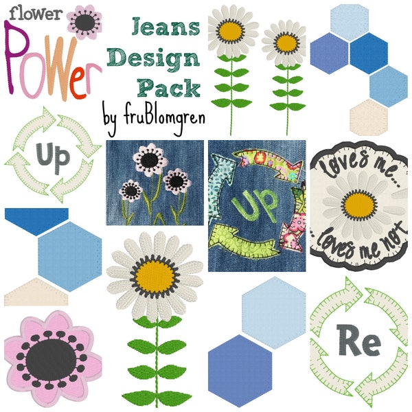 JEANS UPCYCLING DESIGN pack with 15 small and medium Machine Embroidery Designs for Upcycling and Embellishment of your favourite old jeans