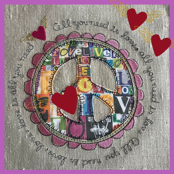 APPLIQUÉ Peace-Zeichen mit Text - 5 Maschinenstickmotive: Peace-Zeichen mit Text und einem geflügelten Herz, 9 Designs insgesamt