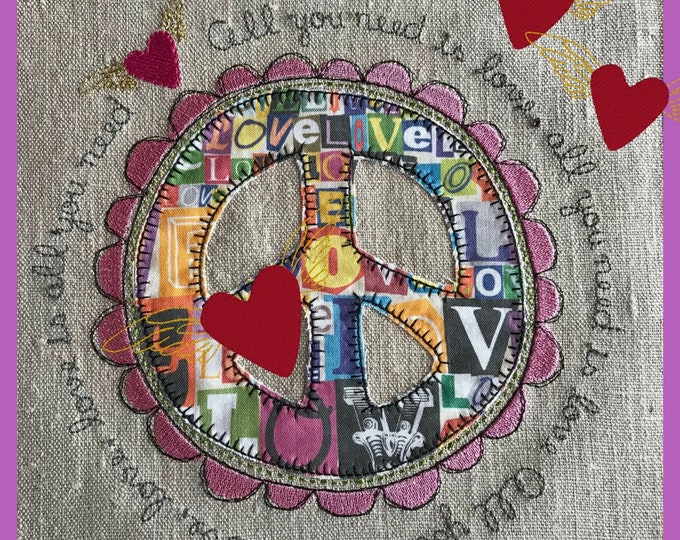 APPLIQUÉ Peace-signs with text - 5 Appliqué Machine Embroidery Designs: Peace signs with text and a winged heart, 9 designs in total