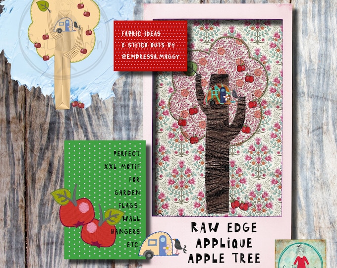 8x14", Raw edge Appliqué tree from the garden - An apple tree, Cute, detailed design for hoop 8x14" - for large textile projects