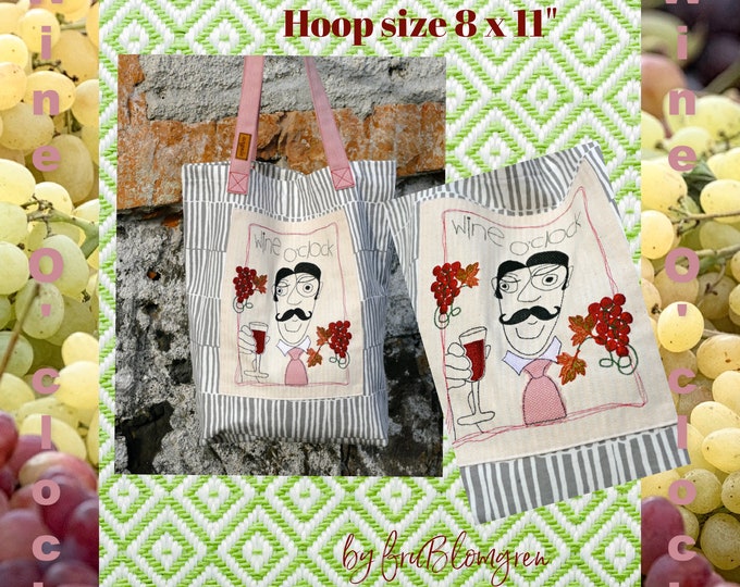 Signore Wine O'clock - Hand drawn Machine embroidery designs with appliqué detail - for hoop size 8 x 11" - cute designs for gift making