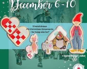 Hand-Drawn ITH Christmas Ornaments 6-10 | 5x7 Hoop | Danish Hearts, Cat, Cat House and Nisser | Machine Embroidery Files