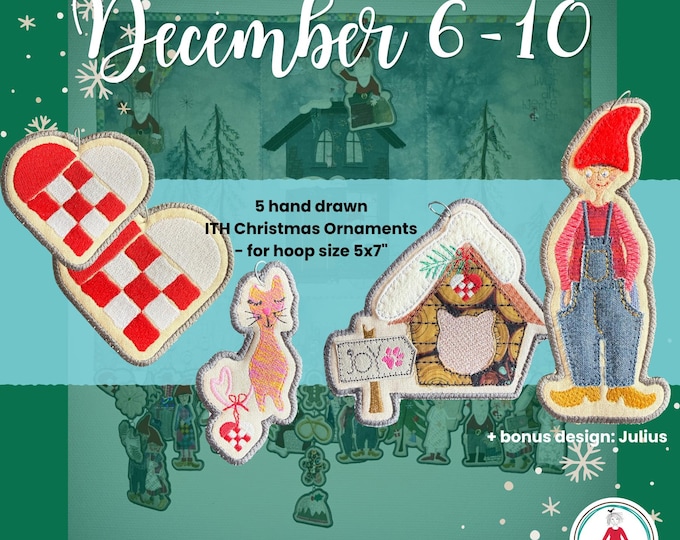 Hand-Drawn ITH Christmas Ornaments 6-10 | 5x7 Hoop | Danish Hearts, Cat, Cat House and Nisser | Machine Embroidery Files