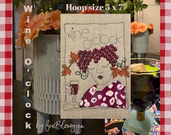 Wine O'clock - Hand drawn Machine embroidery design with appliqué detail - for hoop size 5 x 7" - a cute designs for gift making