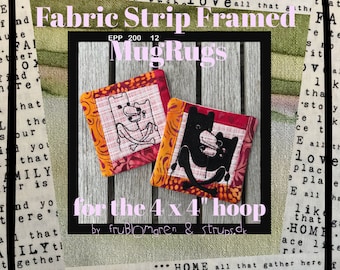 FABRIC STRIP Framed MugRugs ITH designs sized 4 x 4" for your embroidery machine - with original artwork Bear Hug by Strups.dk - Hand drawn