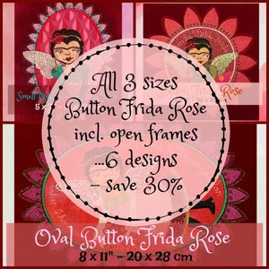 Op de afbeelding: Een ovaal knoopsteekborduurmotief in roze en rood met Frida Kahlo met een bloemenkroon en vleugels. Het ontwerp is getiteld "Oval Button Frida Rose" en bevat de tekst "All 3 sizes Button Frida Rose incl. open frames ... 6 designs - Save 30%". Het ontwerp is verkrijgbaar in drie maten: 5x7 inch, 8x11 inch en 20x28 centimeter.