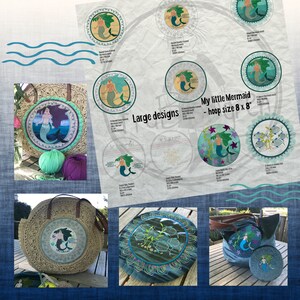 May include: An assortment of mermaid-themed embroidery designs, including circular patterns and a tote bag. The designs feature mermaids with flowing hair and aquatic elements. The text "My little Mermaid - hoop size 8 x 8" is visible.
