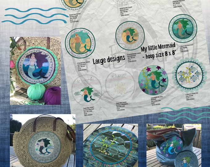 My Little Mermaid - Large designs - Design pack with 10 detailed, hand drawn Mermaid and Fish designs for the 8 x 8" - 20 x 20 cm hoop size