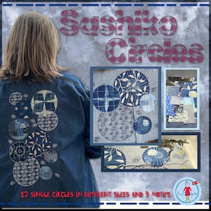 Cercles Sashiko - Pack de motifs de broderie machine - 12 cercles d'appliqué en 3 tailles + 3 grands motifs - parfaits pour des retouches visibles et des retouches