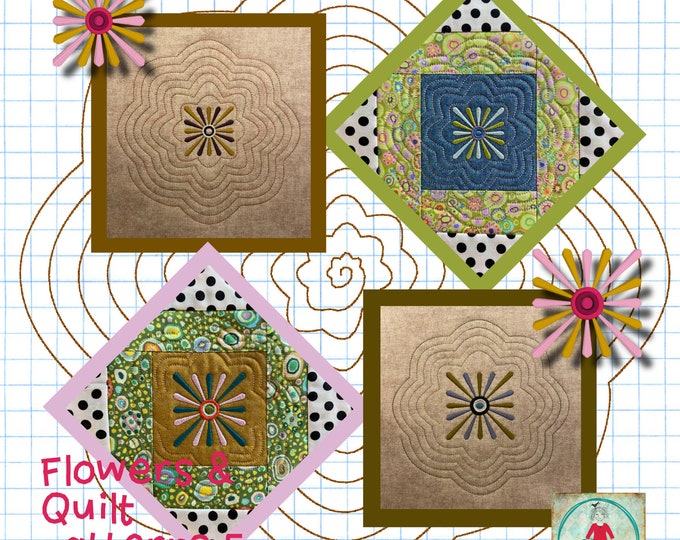 Flowers and Quilt Patterns 5 of 6 - Hand drawn Quilt patterns with and without flowers for hoop size 8x8 and hand drawn embroidery flowers