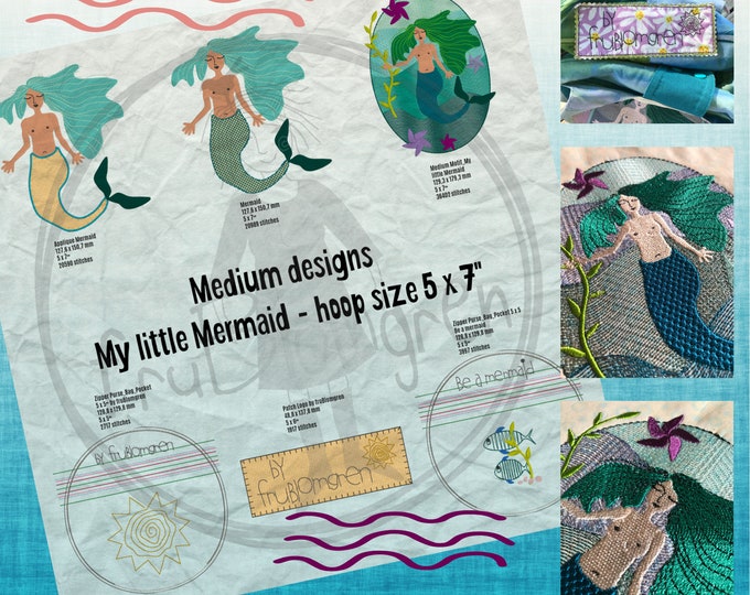 My Little Mermaid - Medium designs - Design pack with 6 cute, hand drawn Mermaid and Fish designs for the 5 x 7" - 13 x 18 cm hoop size