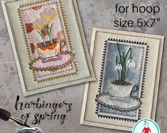 2 ITH Appliqué Cards - Harbingers of Spring - size 5x7" | Hand-drawn Crocus & Snowdrop | Machine Embroidery