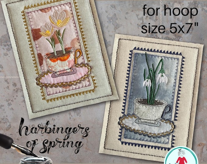 2 ITH Appliqué Cards - Harbingers of Spring - size 5x7" | Hand-drawn Crocus & Snowdrop | Machine Embroidery