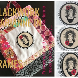 Pode incluir: Design de bordado Blackwork Marianne em três molduras diferentes. O design apresenta uma mulher com óculos e uma flor vermelha no cabelo. O texto "Molduras com e sem fazer sua própria galeria..." é visível.